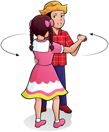 Imagem: Ilustração. O menino segura com a mão esquerda a cintura da menina e segura com mão direita a mão esquerda dela. Ao redor, uma seta indica o movimento de giro completo. Fim da imagem.