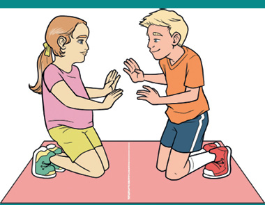 Imagem: Ilustração. Uma menina e um menino com os joelhos apoiados no chão, com as mãos estendidas para frente, um de frente para o outro. Entre eles, no chão, uma linha branca. Fim da imagem.