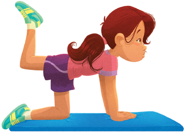 Imagem: Ilustração. Figura 3. Exercícios para os glúteos e as pernas. Uma menina com camiseta rosa e short roxo. Ela está com as mãos e o joelho esquerdo apoiados no chão, com a perna direita flexionada com a sola do pé apontada para cima. Fim da imagem.