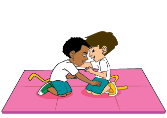 Imagem: Ilustração. Dois meninos uniformizados, com fitas coloridas presas no short. Eles estão de joelhos, de frente um para o outro com as mãos estendidas para frente.  Fim da imagem.
