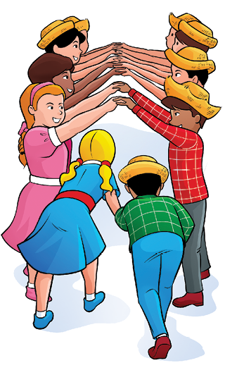 Imagem: Ilustração. Uma fila de meninas e meninos com os braços estendidos para cima e para frente fazendo um túnel. Na ponta da fila, um casal inclinado caminha por dentro do túnel. Fim da imagem.