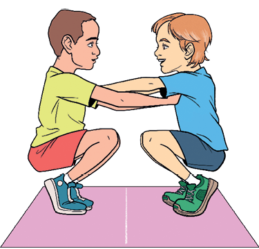 Imagem: Ilustração. Dois meninos agachados, um de frente para o outro com os braços entrelaçados. Entre eles, no chão, uma linha branca.  Fim da imagem.