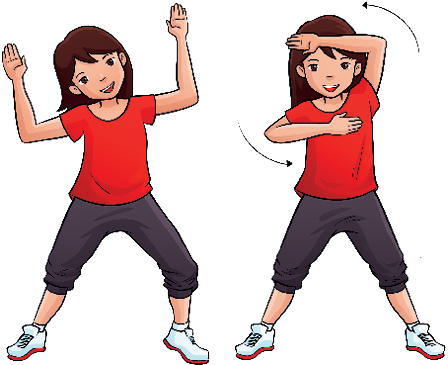 Imagem: Ilustração. Passo de popping. Uma menina com camiseta vermelha calça até os joelhos. Ela está com as pernas abertas, os joelhos flexionados, os braços para cima com os cotovelos dobrados. Ao lado, ela está com o braço esquerdo dobrado na altura do tórax e o braço direito dobrado na altura da cabeça. Uma seta indica o movimento dos cotovelos para fora. Fim da imagem.