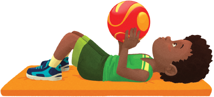 Imagem: Ilustração. Figura 4. Flexão e extensão dos braços. Um menino negro com camiseta e short verde, ele está com as costas e os pés apoiados no colchete, com cotovelos flexionados e as mãos segurando uma bola para cima.  Fim da imagem.