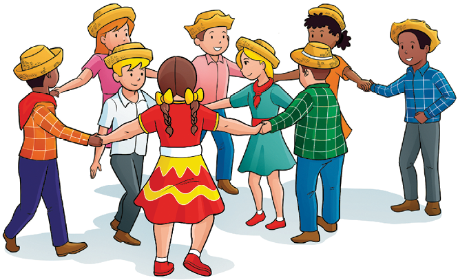 Imagem: Ilustração. Crianças de mão dadas fazendo, fazendo um movimento de espiral para dentro do círculo que está aberto.  Fim da imagem.