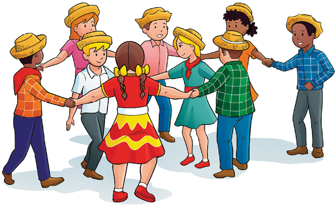 Imagem: Ilustração. Crianças de mão dadas fazendo, fazendo um movimento de espiral para dentro do círculo que está aberto. Fim da imagem.