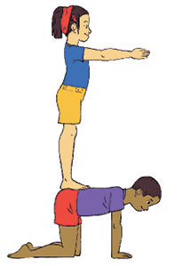 Imagem: 3. um menino com os joelhos e mãos no chão. Acima, uma menina com os pés apoiados no quadril dele, com os braços estendidos para frente.  Fim da imagem.