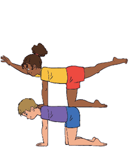 Imagem: 4.Um menino com as mãos e os joelhos no chão. Acima, uma menina com o joelho esquerdo apoiado no quadril do menino e a mão direita apoiada no ombro. A perna direita está estendida para trás e a mão esquerda estendida para frente.  Fim da imagem.