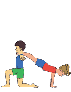 Imagem: 5. Um menino com o pé direito apoiado no chão, com os joelhos flexionados, o joelho esquerdo no chão, os braços estendidos na lateral do corpo na altura dos ombros. Ao lado, uma menina com as mãos no chão e as pernas estendidas no ar, com os pés apoiados no ombro do menino.  Fim da imagem.