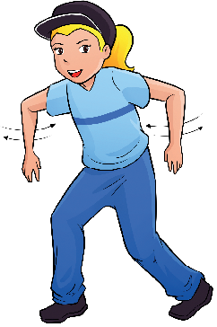 Imagem: Ilustração. Pêndulo. Uma menina com cabelos loiros, usando chapéu, camiseta e calça azul. Ela está com os cotovelos flexionados voltados para cima, com a palma da mão voltada para baixo. Uma seta indica o movimento do braço para esquerda e direita como um pêndulo.  Fim da imagem.