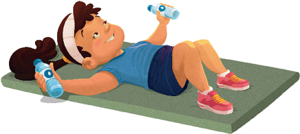 Imagem: Ilustração. Figura 5. Exercícios para os braços. Uma menina com camiseta e short azul. Ela está deitada com as costas e os pés apoiados no colchete, os braços abertos na lateral do corpo, segurando com as mãos duas garrafinhas. Fim da imagem.