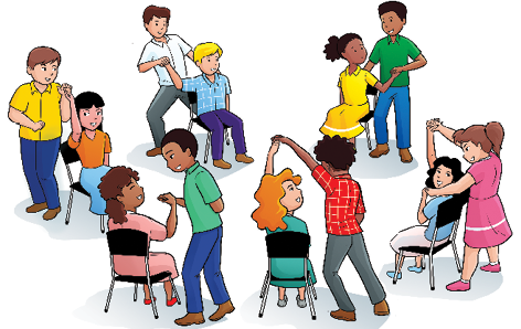 Imagem: Ilustração. Algumas pessoas sentadas em cadeiras dispostas em círculo, com seus pares de mão dadas, girando ao redor da cadeira.  Fim da imagem.
