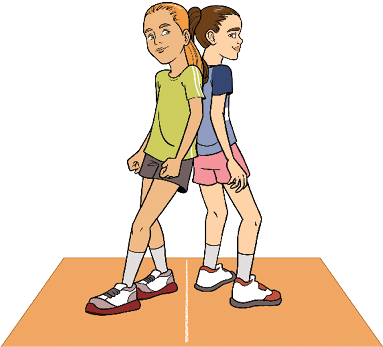 Imagem: Ilustração. Duas meninas, uma de costas para outra, com as costas se apoiando. Entre elas, no chão, uma linha branca.  Fim da imagem.