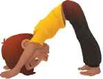 Imagem: Ilustração. Um menino com as mãos e os pés apoiados no chão e o quadril apontado para cima.  Fim da imagem.