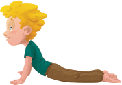 Imagem: Ilustração. Um menino com as mãos, quadril e pernas apoiados no chão, a cabeça e a coluna alongadas.  Fim da imagem.