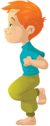 Imagem: Ilustração. Um menino de perfil com a perna direita flexionada, o pé direito apoiado no chão, os cotovelos para trás e o braço flexionado na lateral do corpo. Fim da imagem.