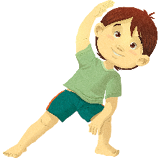 Imagem: Ilustração. Um menino com a perna esquerda flexionada com o braço esquerdo apoiado sobre a perna, o corpo inclinado lateralmente para a esquerda, com os braços estendidos na altura da cabeça.  Fim da imagem.