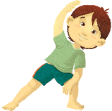 Imagem: Ilustração. Um menino com a perna esquerda flexionada com o braço esquerdo apoiado sobre a perna, o corpo inclinado lateralmente para a esquerda, com os braços estendidos na altura da cabeça. Fim da imagem.