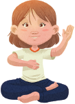 Imagem: Ilustração. Uma menina, sentada com a coluna reta, com os joelhos flexionados e as pernas entrelaçadas, a mão direita dobrada na altura do peito e o cotovelo esquerdo flexionado com a palma da mão apontada para cima. Fim da imagem.