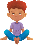 Imagem: Ilustração. Um menino sentado, com a coluna reta, com os joelhos dobrados com a sola dos pés se tocando e a palma das mãos apoiadas no chão na lateral do corpo.  Fim da imagem.