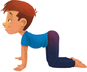 Imagem: Ilustração. Um menino com as mãos e os joelhos apoiados no chão com a coluna em reversão com a cabeça para cima.  Fim da imagem.