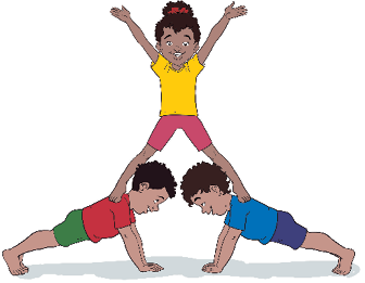 Imagem: 4. Dois meninos com as mãos e os pés apoiando no chão com o corpo no ar em uma prancha. Em cima, uma menina com os pés apoiando nas costas deles com os braços erguidos para cima.  Fim da imagem.