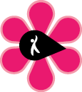 Imagem: Ilustração de uma flor com seis pétalas rosa e um miolo preto em formato de gota, onde há a silhueta em branco de uma pessoa com o braço levantado. Fim da imagem.