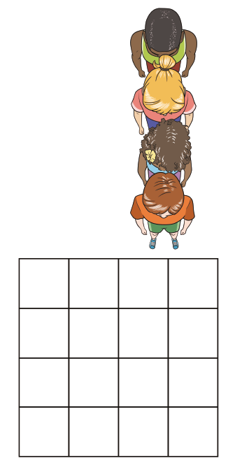 Imagem: Ilustração. Uma fileira de crianças, na frente um tabuleiro quadriculado, com quatro linhas e quatro colunas.  Fim da imagem.