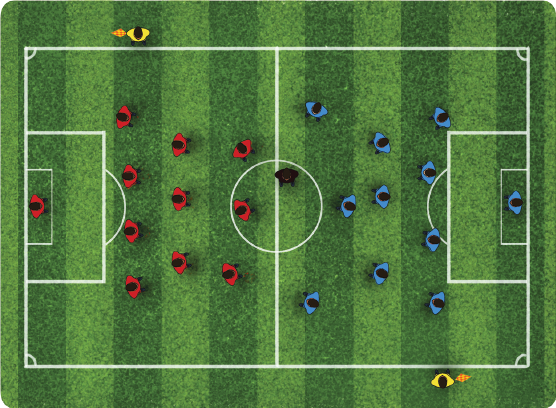 Imagem: Ilustração. Vista de cima de um campo de futebol. À esquerda do campo, há uma pessoa de vermelho no gol, com dez jogadores em linha. Na lateral acima, um árbitro segurando uma bandeira. À direita, um árbitro, dez pessoas de azul e uma no gol. Na lateral abaixo, um árbitro segurando uma bandeira.  Fim da imagem.