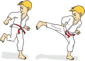 Imagem: Ushiro gueri: Um menino com cabelos loiros exemplifica em dois movimentos: 1. Ele está com a perna esquerda flexionada com o calcanhar apontado para cima e o pé direito apoiado no chão. 2. Ele está com a perna esquerda estendida para o lado e com o pé direito apoiado no chão.  Fim da imagem.