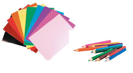 Imagem: Ilustração. Folhas de papel coloridas e, ao lado, lápis de cor.   Fim da imagem.