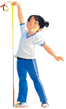 Imagem: Ilustração. Uma menina de cabelo preto e liso preso, usando uma calça azul e camiseta branca. Ela segura uma fita métrica que vai da ponta do seu pé até a mão que está erguida para cima da cabeça.  Fim da imagem.