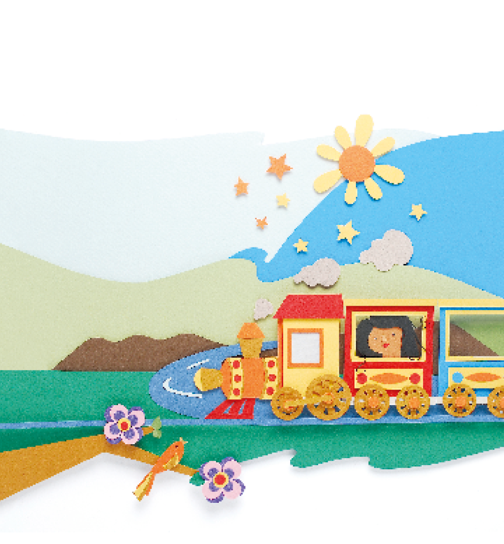 Imagem: Ilustração. Um trem soltando fumaça em um trilho. Na janela do primeiro vagão tem uma menina de cabelo preto e liso. Ao lado do trilho há um galho com flores lilás e um pássaro laranja. No céu tem o sol e estrelas.  Fim da imagem.