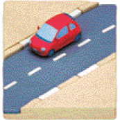 Imagem: Ilustração. Um carro vermelho andando na rua.  Fim da imagem.