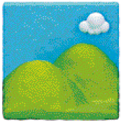 Imagem: Ilustração. Duas montanhas com uma nuvem branca em cima.  Fim da imagem.