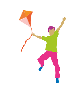 Imagem: Ilustração. Um menino com segurando uma pipa laranja em uma das mãos e com o outro braço erguido. Ele usa uma calça rosa, camiseta verde e um sapato azul.   Fim da imagem.