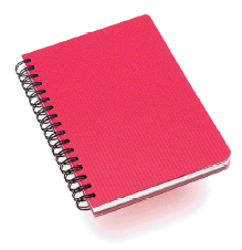 Imagem: Fotografia. Um caderno vermelho.  Fim da imagem.