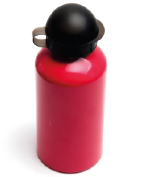 Imagem: Fotografia. Uma garrafa térmica vermelha com a tampa azul de um ponto de vista inclinado.   Fim da imagem.