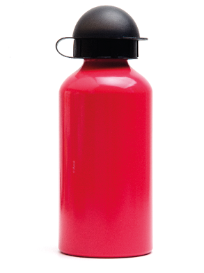Imagem: Fotografia. Uma garrafa térmica vermelha com a tampa azul vista de frente.   Fim da imagem.