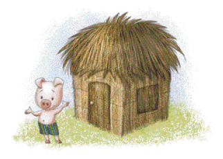 Imagem: Ilustração. Um porquinho de bermuda listrada apontando para uma casa com paredes e telhado feitos de palha.  Fim da imagem.