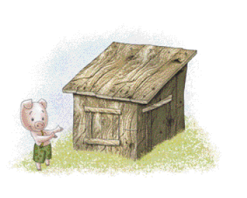 Imagem: Ilustração. Um porquinho de bermuda verde com as duas mãos estendidas para uma casa da madeira.   Fim da imagem.