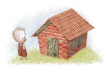 Imagem: Ilustração. Um porquinho usando um macacão vermelho olhando para uma casa de tijolos que está ao seu lado.   Fim da imagem.