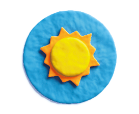 Imagem: Fotografia. Um círculo azul com um sol dentro.   Fim da imagem.