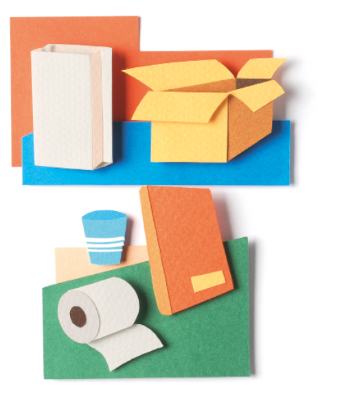 Imagem: Ilustração. Uma sacola de papel, uma caixa de papelão, um copo azul, um livro e um rolo de papel higiênico.  Fim da imagem.