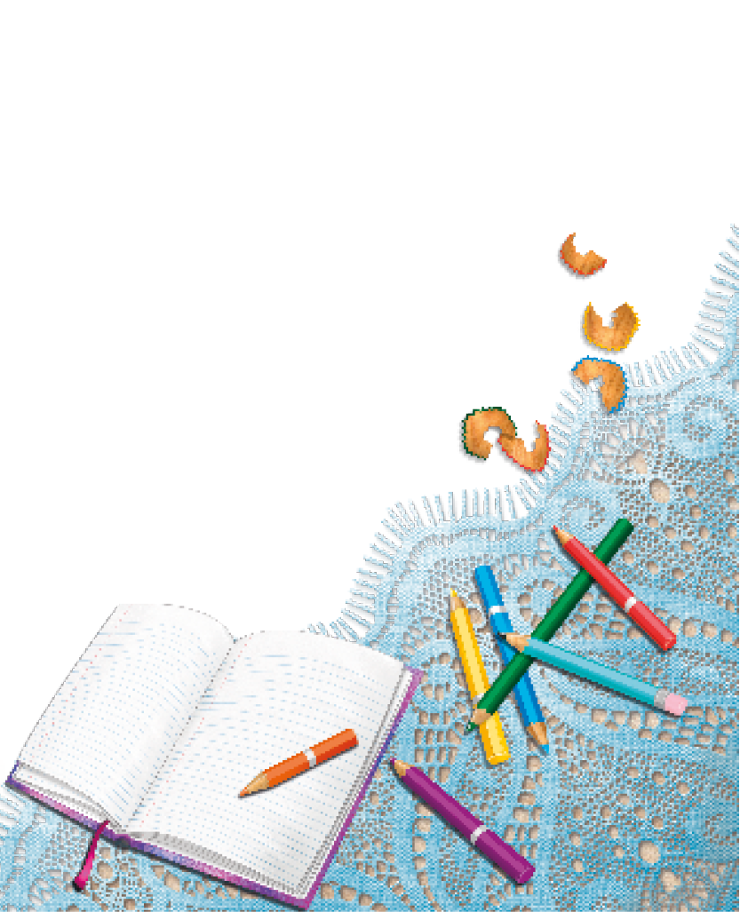 Imagem: Ilustração. Uma toalha de renda azul com alguns lápis de cor espalhados, um caderno aberto e restos de lápis apontados espalhados.  Fim da imagem.