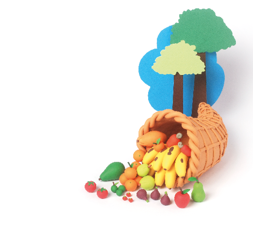 Imagem: Ilustração. Uma cesta bege virada com várias frutas dentro: tomates, abacate, limão, laranja, maçã, pera, bananas, mamão e caju. Atrás há duas árvores.  Fim da imagem.