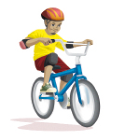Imagem: Ilustração. Duas colunas de desenhos para serem ligados. Na primeira coluna: um menino de camiseta amarela e capacete laranja andando de bicicleta;  Fim da imagem.