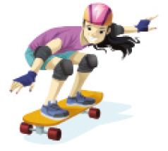 Imagem: uma menina de cabelo preto preso usando capacete andando de skate.  Fim da imagem.