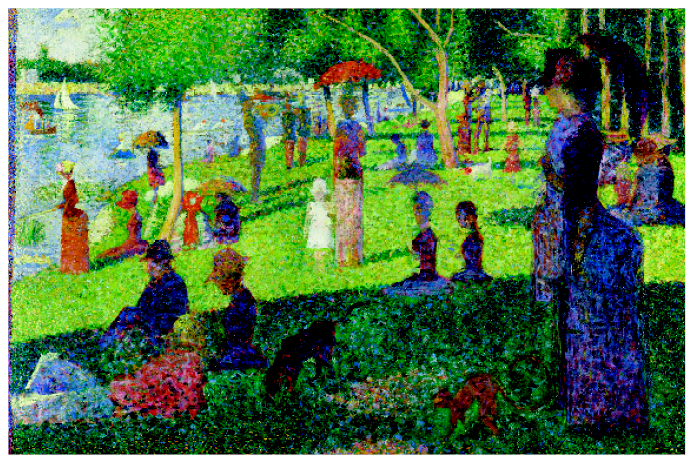 Imagem: Ilustração. Uma pintura de um parque com um lago com barcos e uma área gramada com mulheres de vestido longo embaixo de guarda-sol e crianças sentadas.  Fim da imagem.