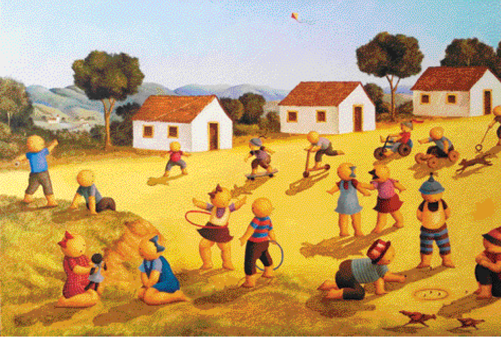Imagem: Ilustração. Várias crianças brincando em um campo de areia, com casas brancas no fundo. Da esquerda para a direita, as crianças brincam de: pipa, boneca, estátua, bambolê, patinete, bicicleta e bolinha de gude.  Fim da imagem.